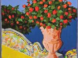 a painting of a vase of flowers on a table
