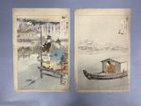 two pictures of a woman sitting on a bench in front of a boat