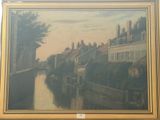 a painting of a river running through a city