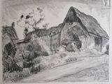 drawing of an old farm with a barn and a horse drawn by a man