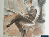 a drawing of a boy sitting in a chair reading a book