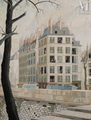 une peinture représentant un bâtiment au bord de la rue