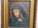 an image of a painting of a woman wearing a blue veil
