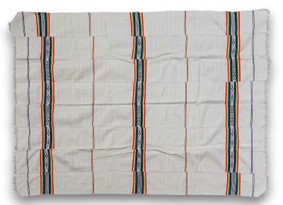 a close up of a white towel with orange and blue stripes