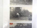 several black and white photos of people riding horses in a field
