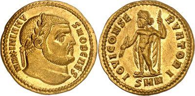 a gold coin with an image of a man holding a sword
