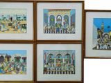 four framed pictures of a group of people on a street