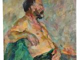 an oil painting of a man with a beard sitting in a chair