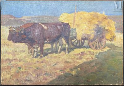 un tableau représentant deux vaches tirant une charrette chargée de foin