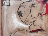 painting of a drawing of a woman ' s face on a piece of paper
