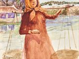 tableau représentant une femme avec des paniers sur les épaules, tenant un panier