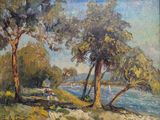 une peinture à l'huile représentant quelques arbres près d'un plan d'eau