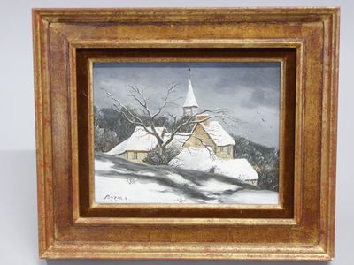 an oil painting of a church in the snow with a tree in the foreground