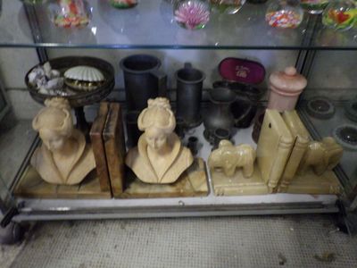 a display case with a lot of items in it