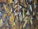 painting on the wall of a building depicts a group of men and women