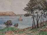 a painting of a sailboat in the water by the shore