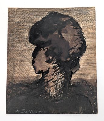 painting of a woman with a black hat on a white background
