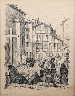 drawing of a crowd of people walking down a street in front of a tall building
