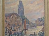 tableau représentant une scène fluviale avec des bateaux et une église en arrière-plan
