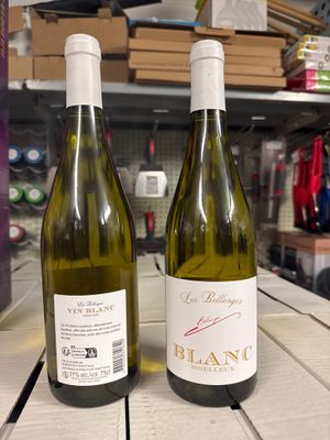 deux bouteilles de vin posées sur une table dans un magasin