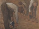 tableau représentant deux hommes travaillant sur un morceau de bois dans une pièce