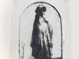 a black and white drawing of a woman standing in front of a window