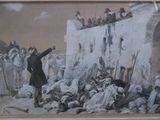 a painting of a man standing in front of a crowd of people