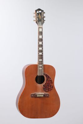 a close up of an acoustic guitar on a white background