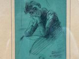 drawing of a woman leaning on a window sill with her hand on the window sill