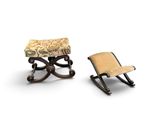 pair of miniature rocking chairs with upholstered seat and foot rest