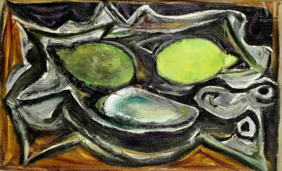a painting of a bowl of fruit on a table