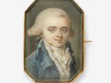 portrait d'un homme en redingote bleue et chapeau blanc