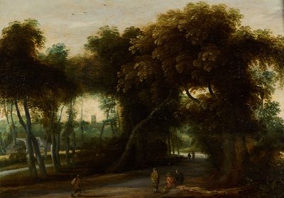 tableau représentant un paysage boisé avec des personnages et une rivière