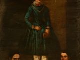un vieux tableau représentant un homme vêtu d'une robe verte et trois autres hommes