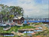 un tableau représentant des bateaux au bord d'un lac