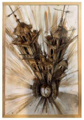 an image of a painting of a building with a clock on it