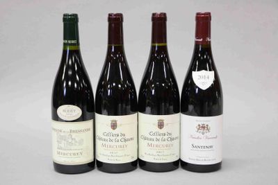 quatre bouteilles de vin sont alignées sur une surface blanche