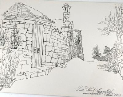 dessin représentant un vieux bâtiment en pierre avec une cheminée et une porte
