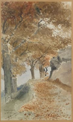 an image of a watercolor painting of a man walking down a path