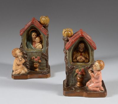 ASCANIO Paire de sujets en plâtre polychrome figurant un aut…