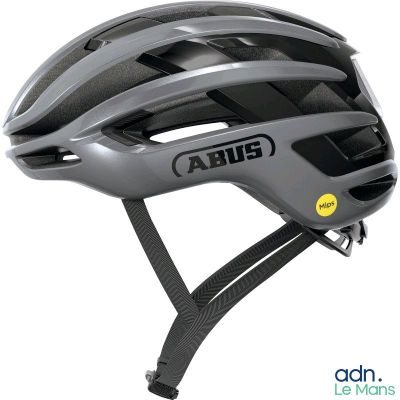 the helmet is grey and has a yellow sticker on it