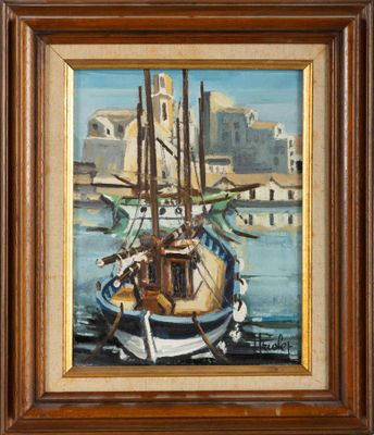 une peinture à l'huile représentant un bateau dans un port, avec une église en arrière-plan