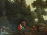 a painting of a group of people in a wooded area