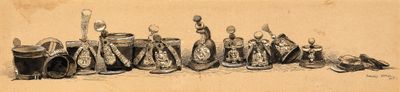 a drawing of a group of figurines sitting on a table