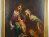 une peinture à l'huile représentant une femme tenant un bébé sur ses genoux