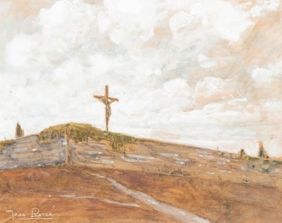 une peinture représentant une croix sur une colline, avec le ciel en arrière-plan