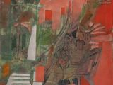 an image of a painting of a man on a horse in front of a building