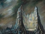 une image représentant un tableau d'une ville au milieu d'un ciel sombre