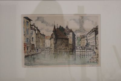une image d'une peinture d'une ville au bord de l'eau