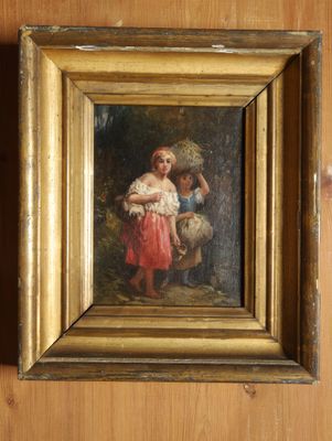 un vieux tableau représentant une femme et un enfant dans un décor boisé